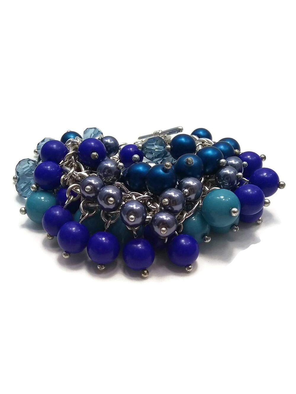 Vintage Silver Tone Cha Cha Bracelet with Blue Plastic Beads. Toggle Clasp.